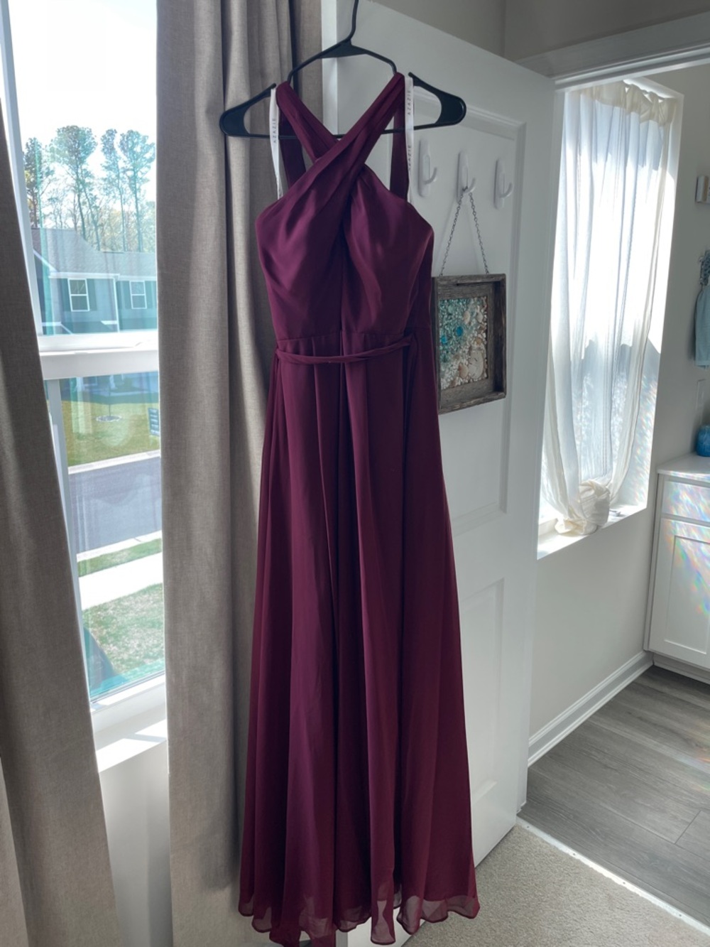 Azazie Burgundy Crisscross Chiffon Maxi Dress